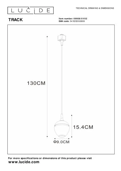 Lucide TRACK PRESTON Hanglamp - 1-fase Railsysteem / Railverlichting - 1xGU10 - Mat Goud / Messing (Uitbreiding) - technisch